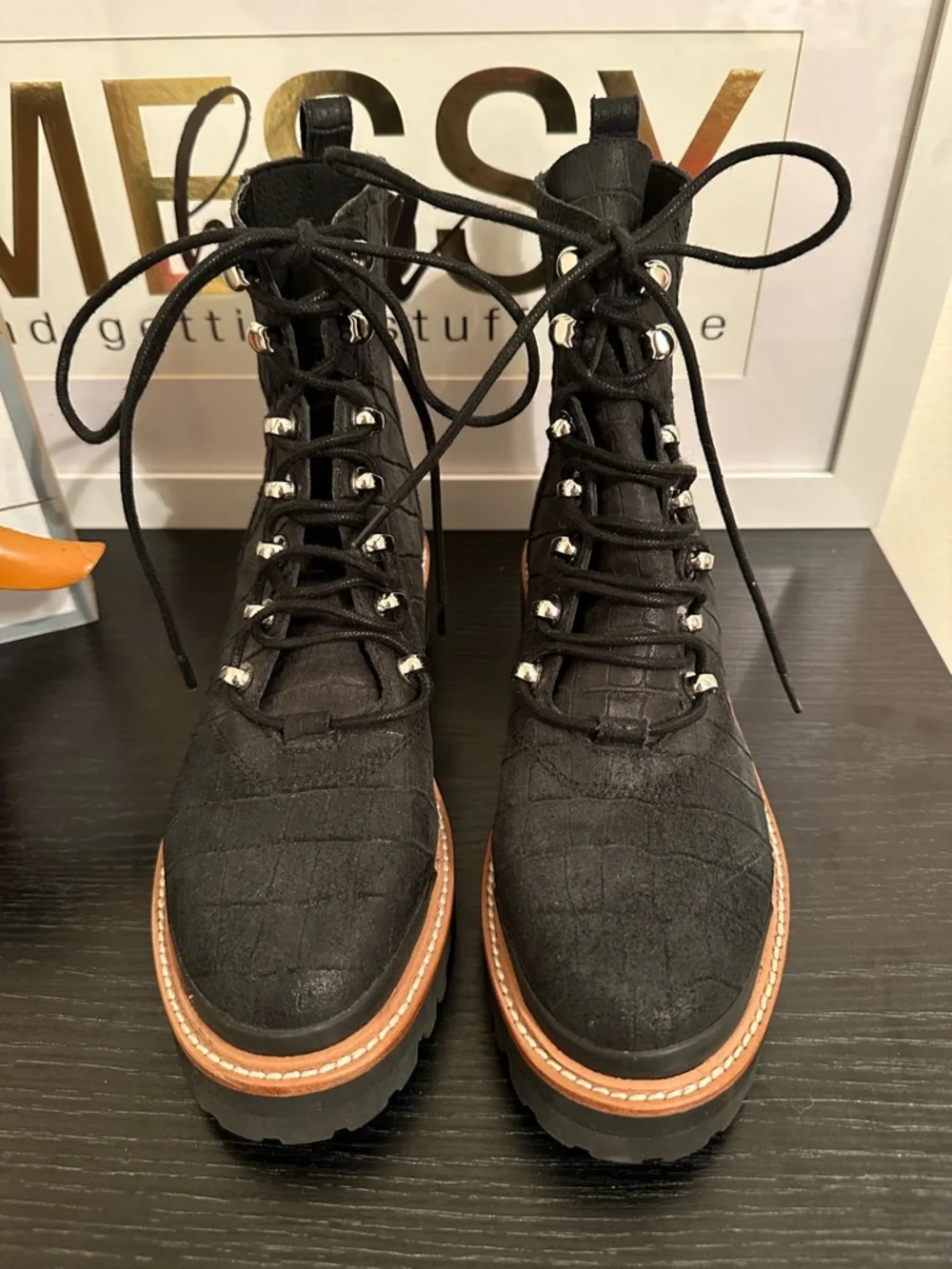 Marc Fisher Black Croc-Embossed Lace-Up Combat Boots like new - Picture 4 of 7